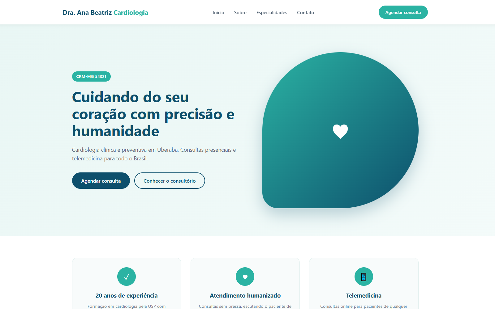 Modelo de site para cardiologista criado pela Nexus Personal